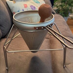 Vintage Cone Sieve Pestle and Stand aluminum metal Juicer strainer Canning Farm